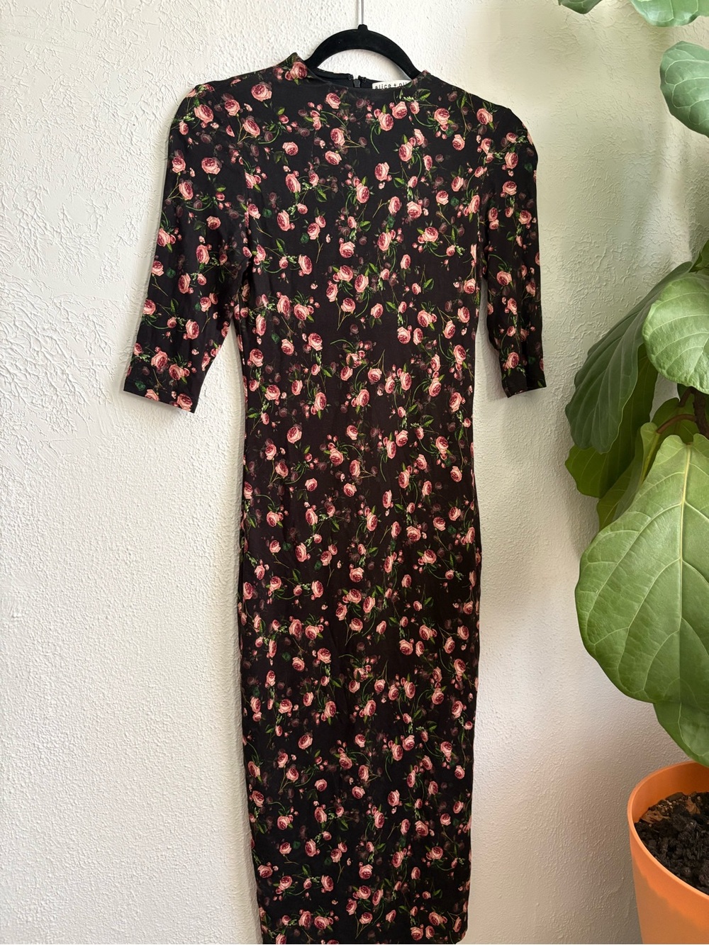 Alice + Olivia Black Midi Dress with Pink Floral Print